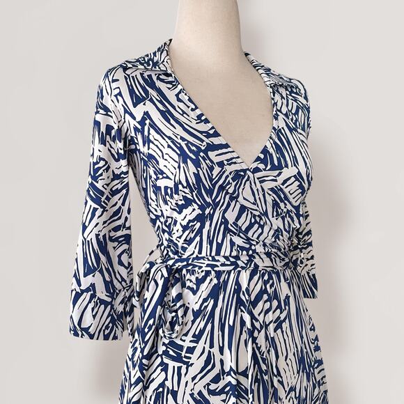 Vintage 70s Wrap Dress Midi M Navy Blue White Abstract Fit & Flare Made In USA - Picture 5 of 8